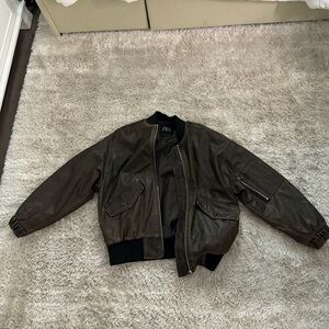 ZARA Brown/Black Bomber Leather Jacket